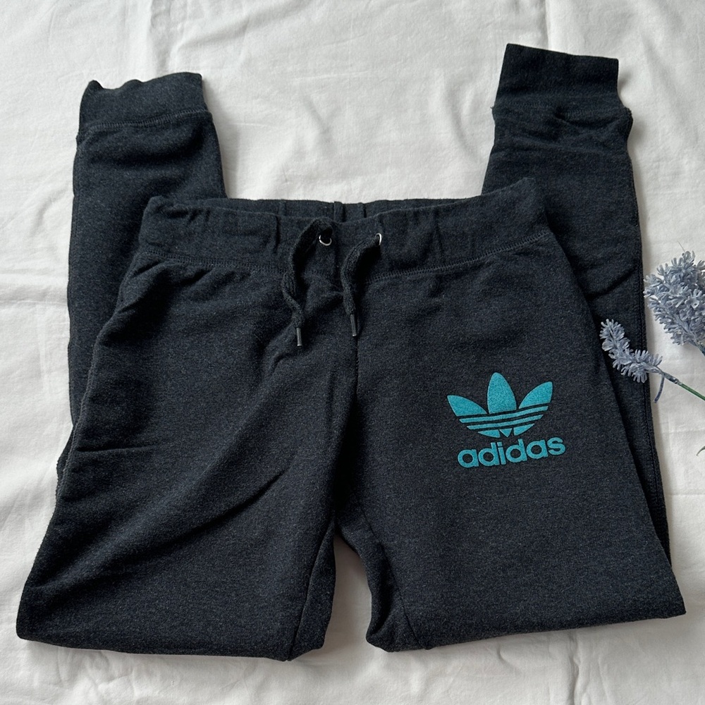 adidas Black Sweatpants with Teal Trefoil Logo